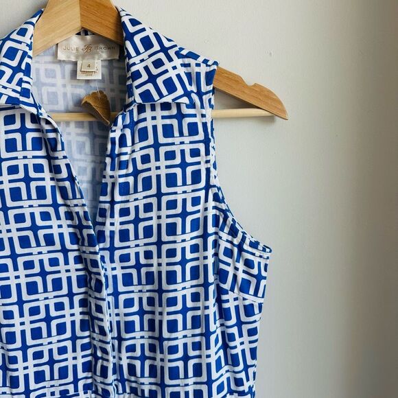 Vintage Julie Brown Mod Blue & White Sleeveless‎ Dress – Size 4 – 60s Style - Picture 3 of 12